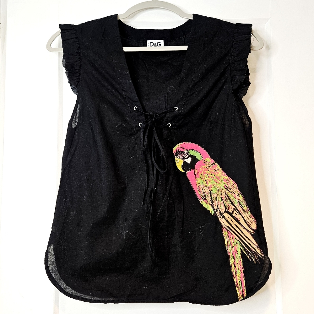 D&G Dolce Gabbana Beachwear Parrot Sheer Lace Up Top Y2K Small